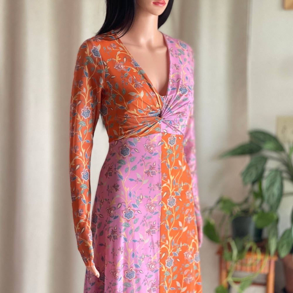 NWOT Rachel Antonoff Orange Pink Floral Colorblock Mesh Twist Front Midi Dress 4